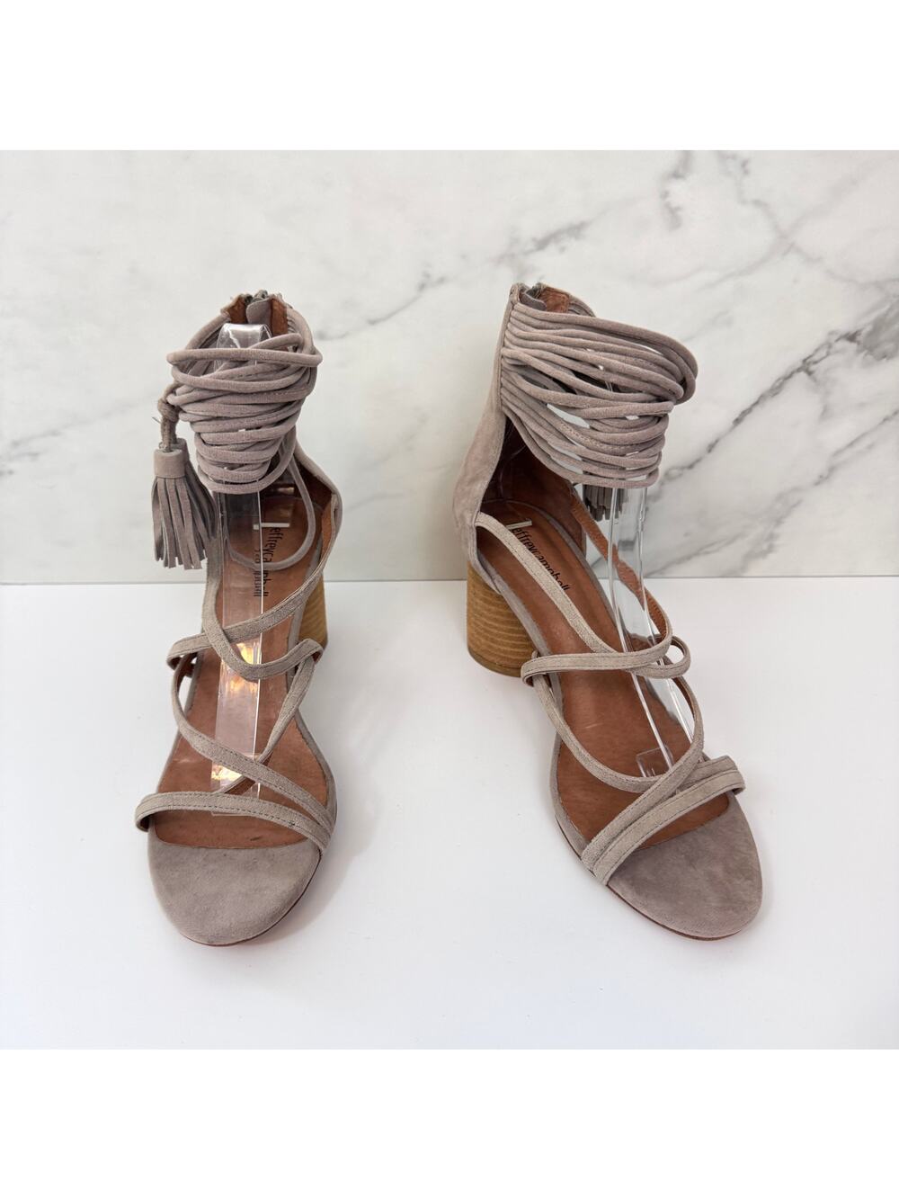 Jeffrey Campbell Womens Despina Sandals Size 8.5 Suede Strappy Fringe Boho Taupe